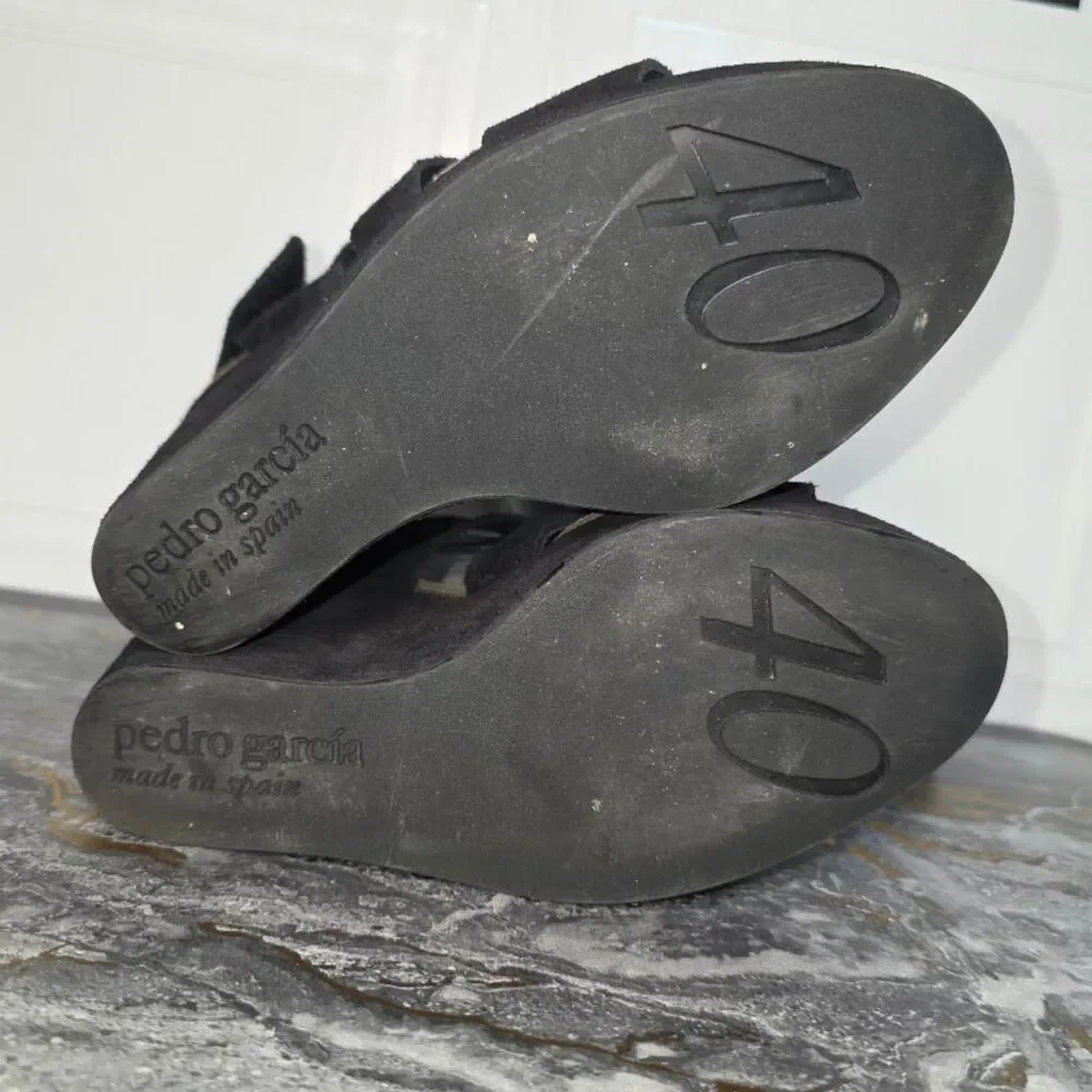 Pedro Garcia Black Suede Platform Wedge Sandals Size 40 US 9.5 EUC Spain